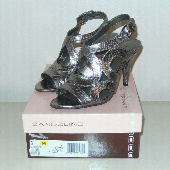 New Bandolino 6 Heels Juana Gray Pewter Metallic Reptile Strappy Sandals - Picture 1 of 9